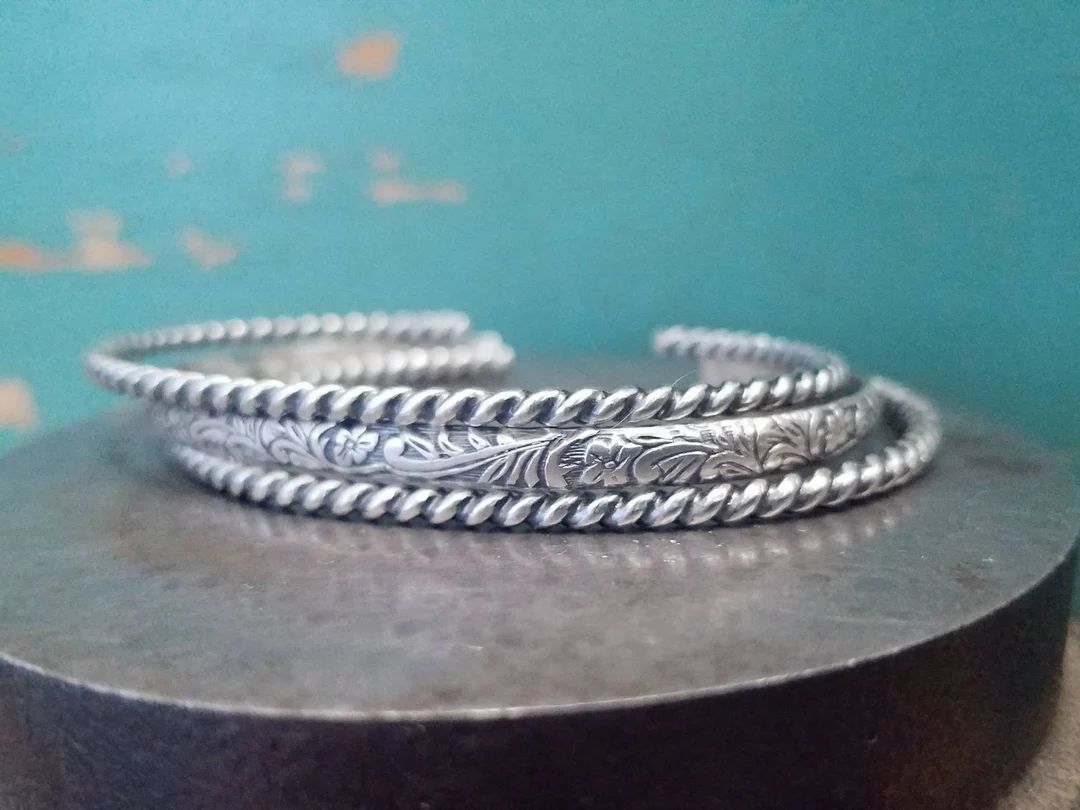 Sweet & Simple Oxidized Sterling Silver Stacking Cuff Bracelets Set of 3 Rope and Floral Patterns... | Etsy (US)