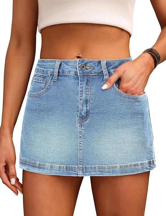 Denim Skort for Women High Waist Mini Denim Skirt Casual Stretch Women Jean Skirt with Pockets | Amazon (US)