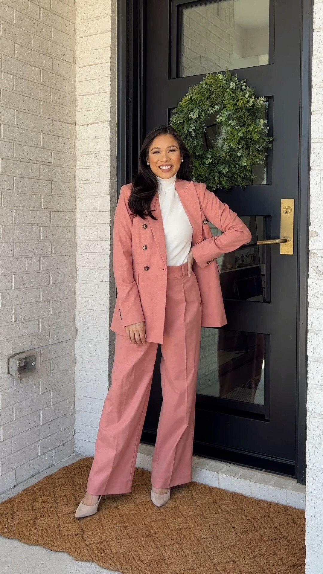Pastel Pink Suit // pastel pink double breasted blazer suit with  coordinating pastel pink trouser pants, white pointy toe mu…