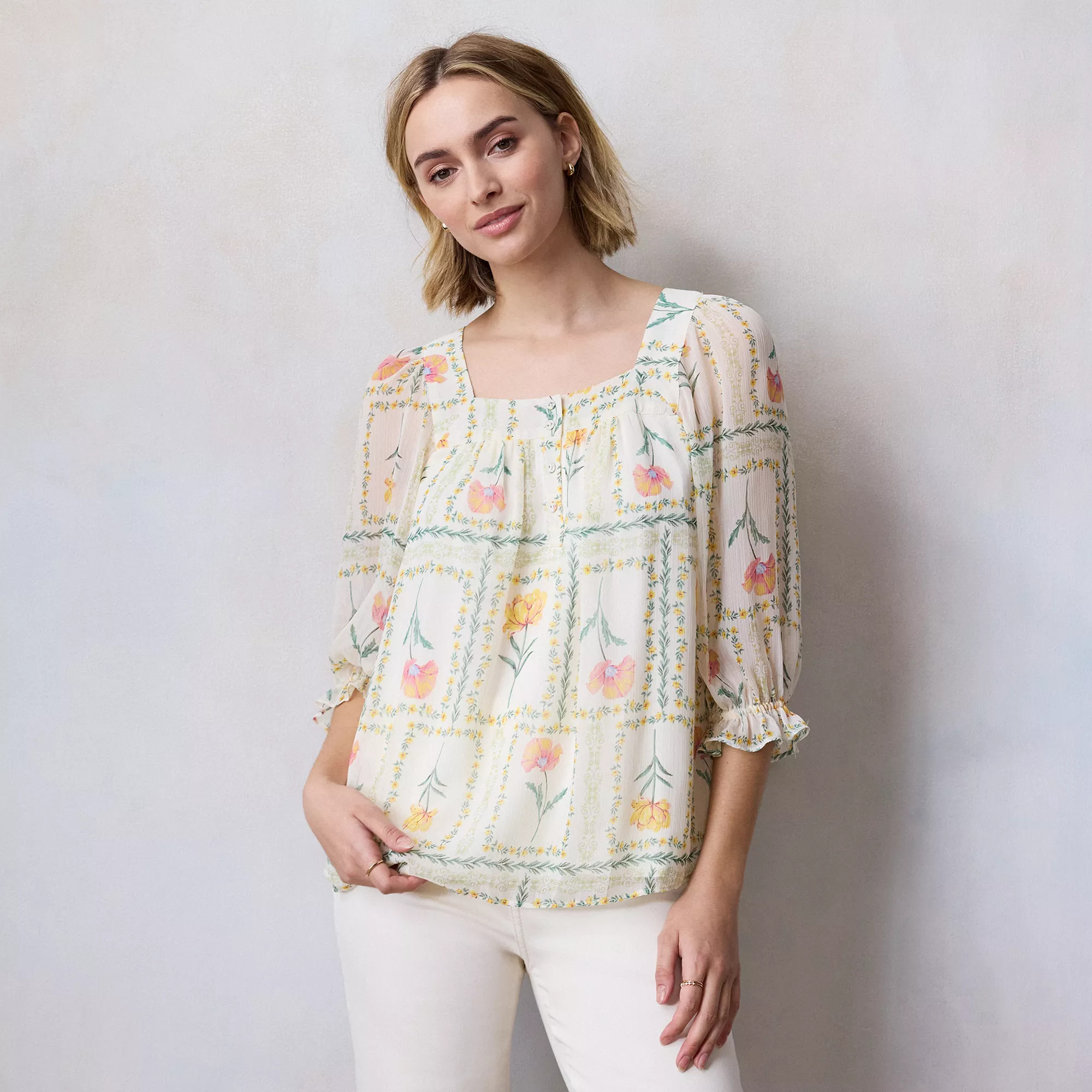 Petite LC Lauren Conrad Henley Square Neck Peasant Top | Kohl's