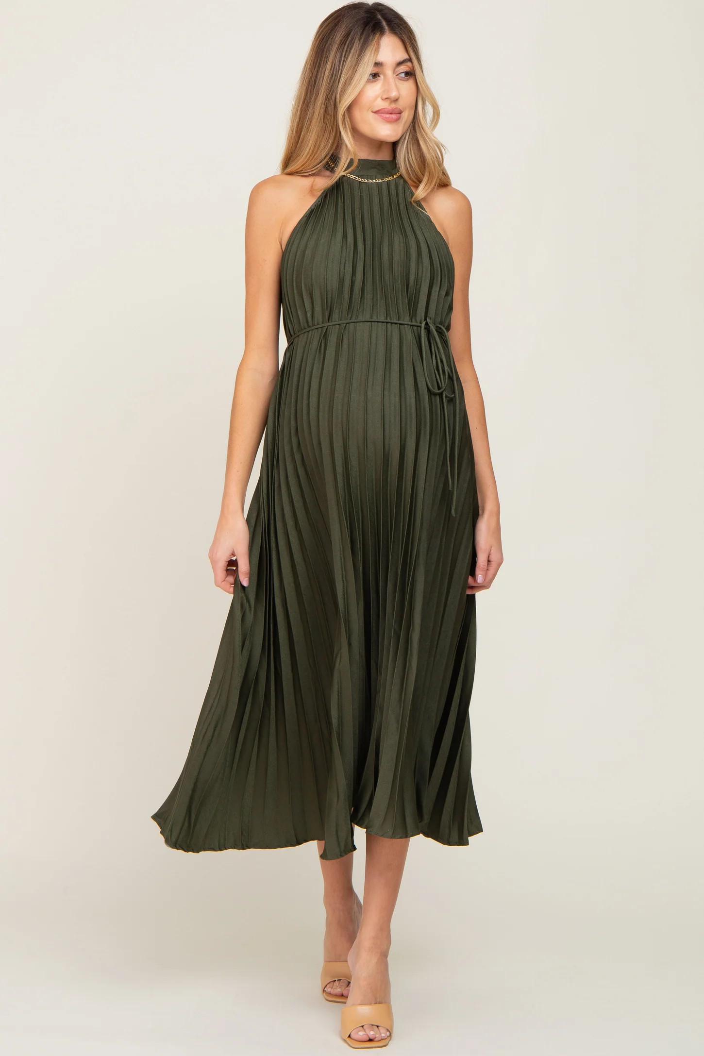 Olive Pleated Maternity Halter Dress | PinkBlush Maternity