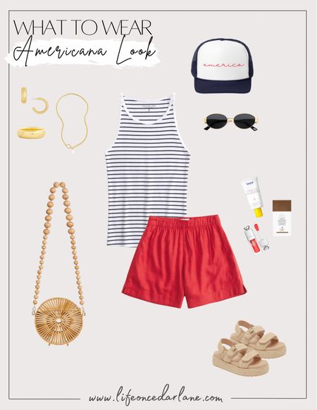 What to wear- Americana look! Loving this cute tank & linen shorts from Abercrombie. Perfect for Memorial Day & 4th of July!

#summeroutfit #redwhiteandblue

#LTKFindsUnder100