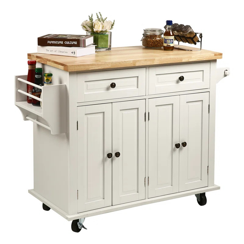 Red Barrel Studio® 43.3'''' Kitchen Island With Wheels, Spice Rackand Towel Holder, White & Revi... | Wayfair North America