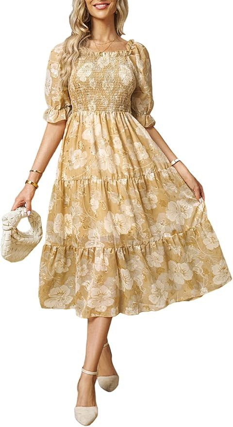 Sissyaki Women's Square Neck Tiered Long Dress Short Sleeve High Waist Smocked Midi Dress | Amazon (US)