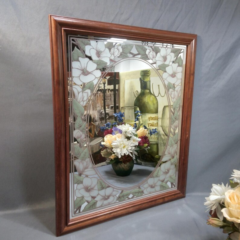 Vintage 80's Floral Wall Mirror, Reverse Painted Magnolias, Hibiscus, Tropical Flowers, Wood Fram... | Etsy (US)