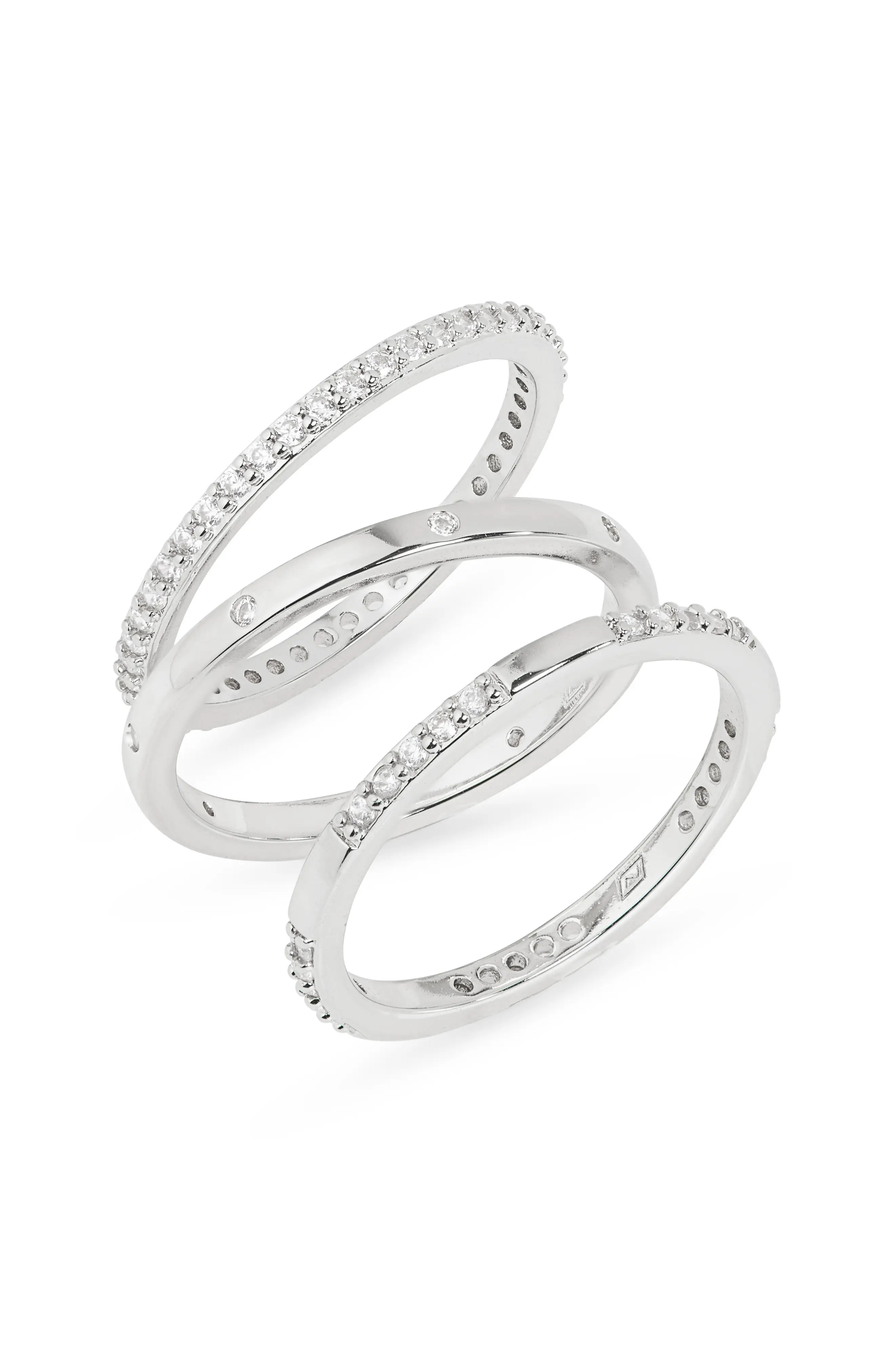 NORDSTROM RACK Set of 3 Cubic Zirconia Inset Stacking Band Rings in Clear- Silver at Nordstrom Rack, Size 6 | Nordstrom Rack