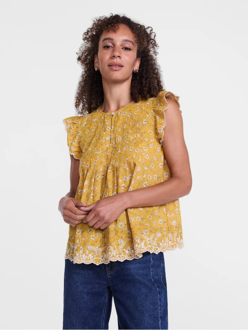Scenario Women's and Women's Plus Short Sleeve Pleated Embroidered Printed Top, Sizes XS-4X | Walmart (US)