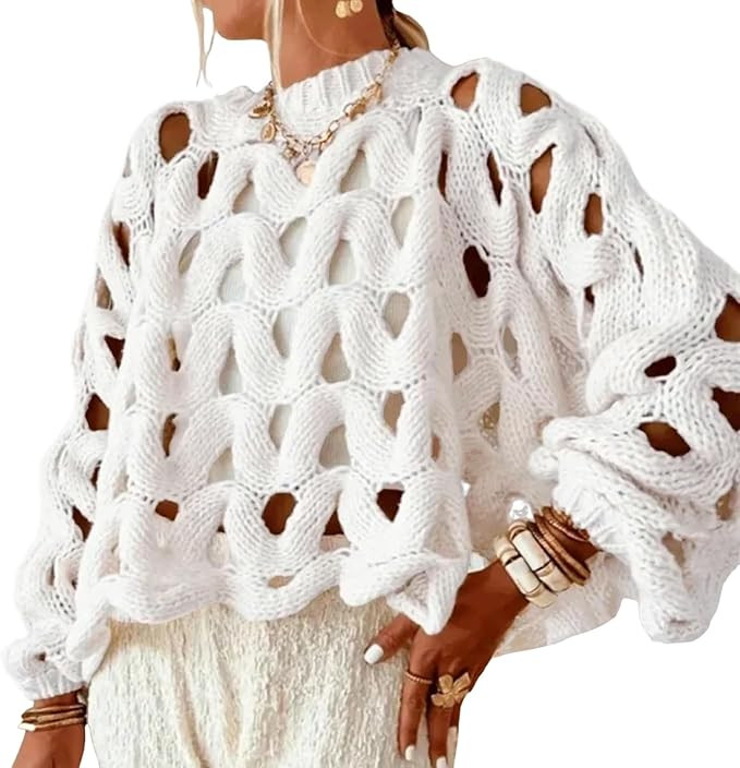 Yimoon Women's Crochet Sweater Hollow Out Sweaters Oversized Pullover Long Sleeve Crew Neck Croch... | Amazon (US)