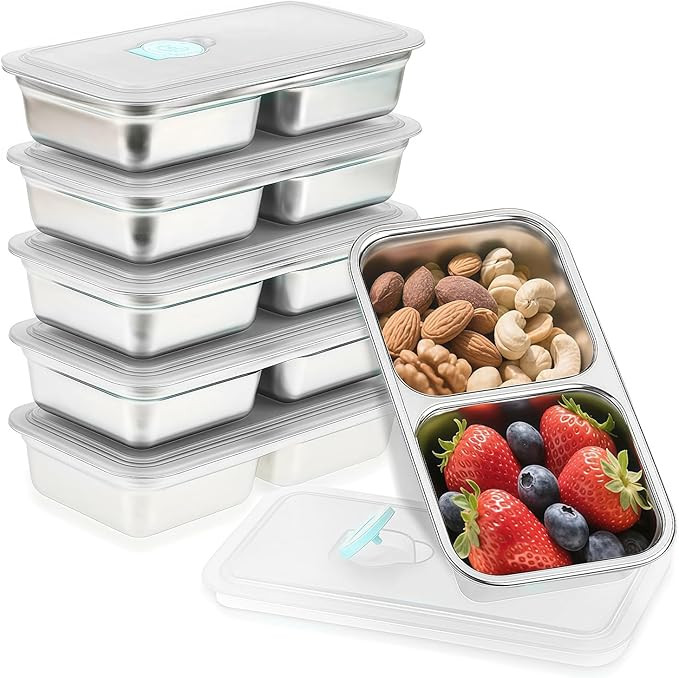 6Pcs 304 Stainless Steel Snack Containers, 2 Compartments Portable Food Storage Bento Boxes with ... | Amazon (US)