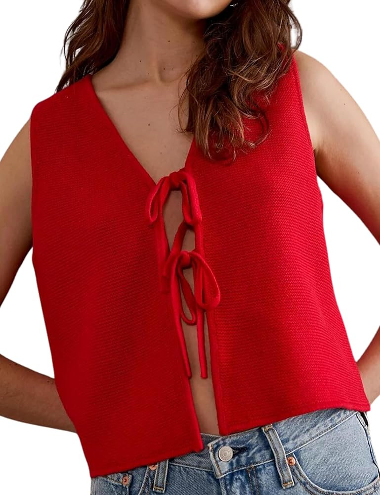 Women's Tie Knit Vest Crochet Sleeveless Open Front Cardigan Sweater Vest Top | Amazon (US)