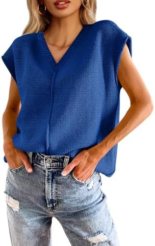 Saodimallsu Women's V Neck Cap Sleeve Lightweight Knit Sweater Top | Amazon (US)
