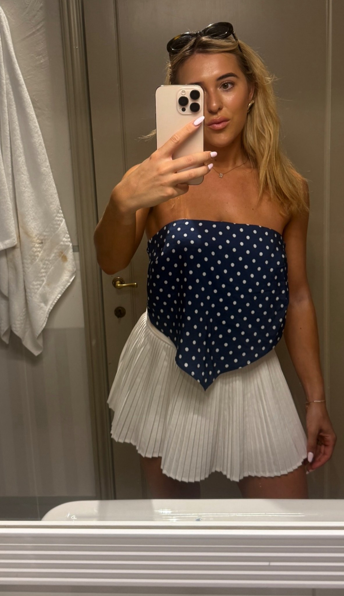 Blue scarf top - summer top - polka dot top - scarf tie top - backless top - bandeau top - tennis skirt - mini skirt - mini tennis skirt - varsity skirt - varsity tennis skirt - pleated skirt - pleated tennis skirt - lululemon skirt - lululemon mini skirt - Wimbledon - euro summer - summer outfits - tennis outfit - lululemon skirt - Abercrombie top - Abercrombie and fitch - celine sunglasses 

#LTKfitness #LTKeurope #LTKsummer