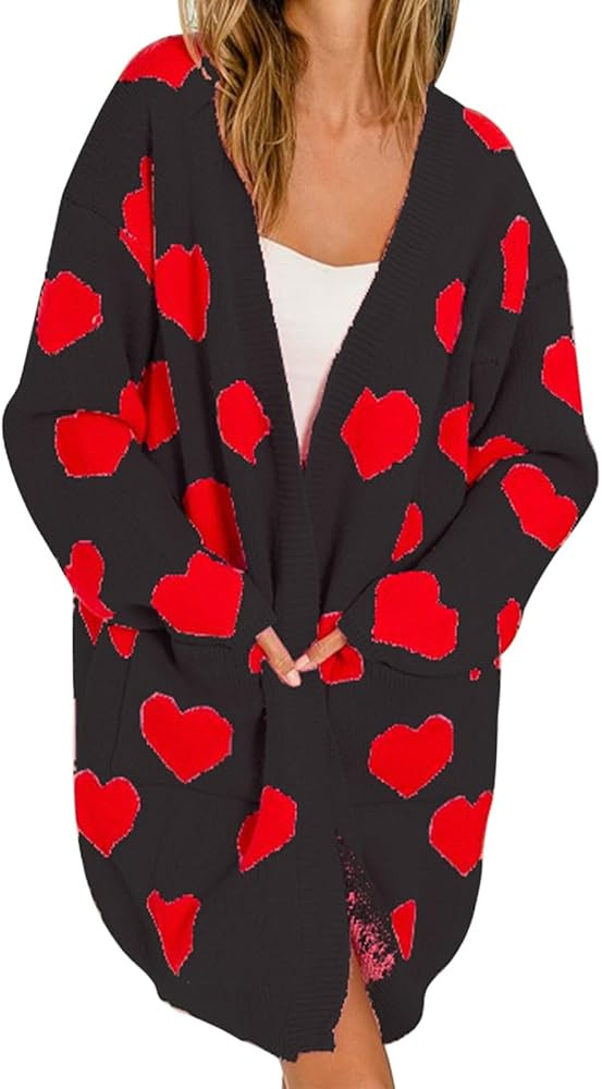 Women's Heart Knit Cardigan Valentines Long Sleeve Open Front Knitted Sweater Fall Spring Coat To... | Amazon (US)