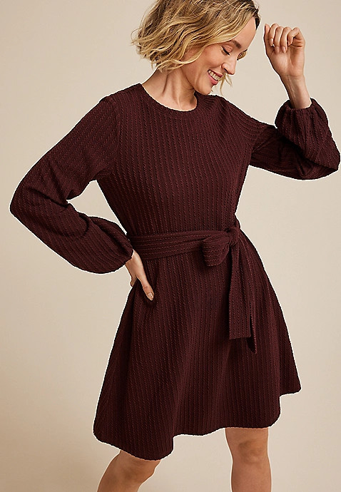Jacquard Bubble Sleeve Belted Mini Dress | Maurices