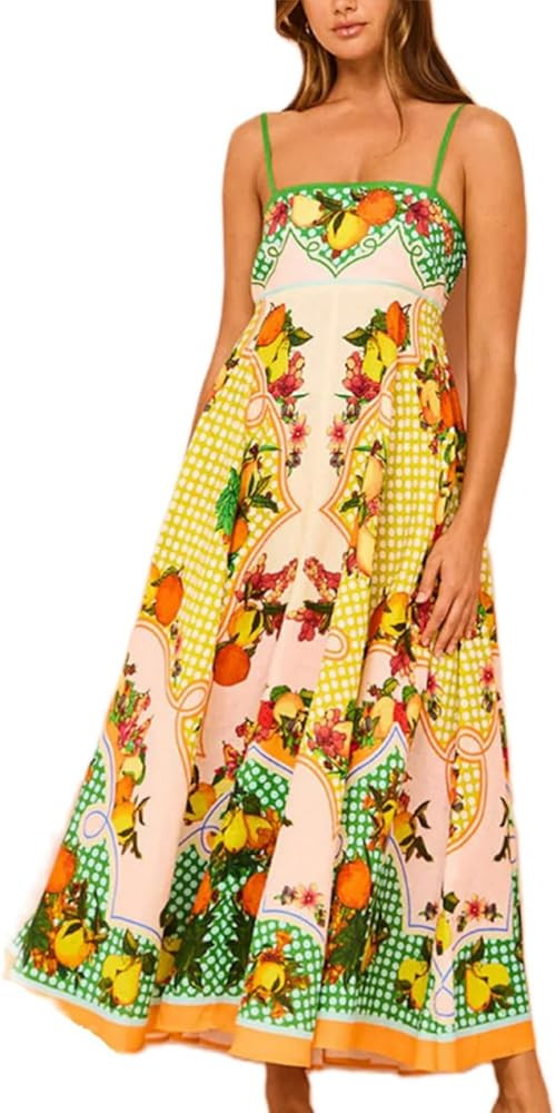 Women Cute Print Maxi Cami Dress，Women Spaghetti Strap Graffiti Maxi Dress，Flowy Graffiti Lon... | Amazon (US)
