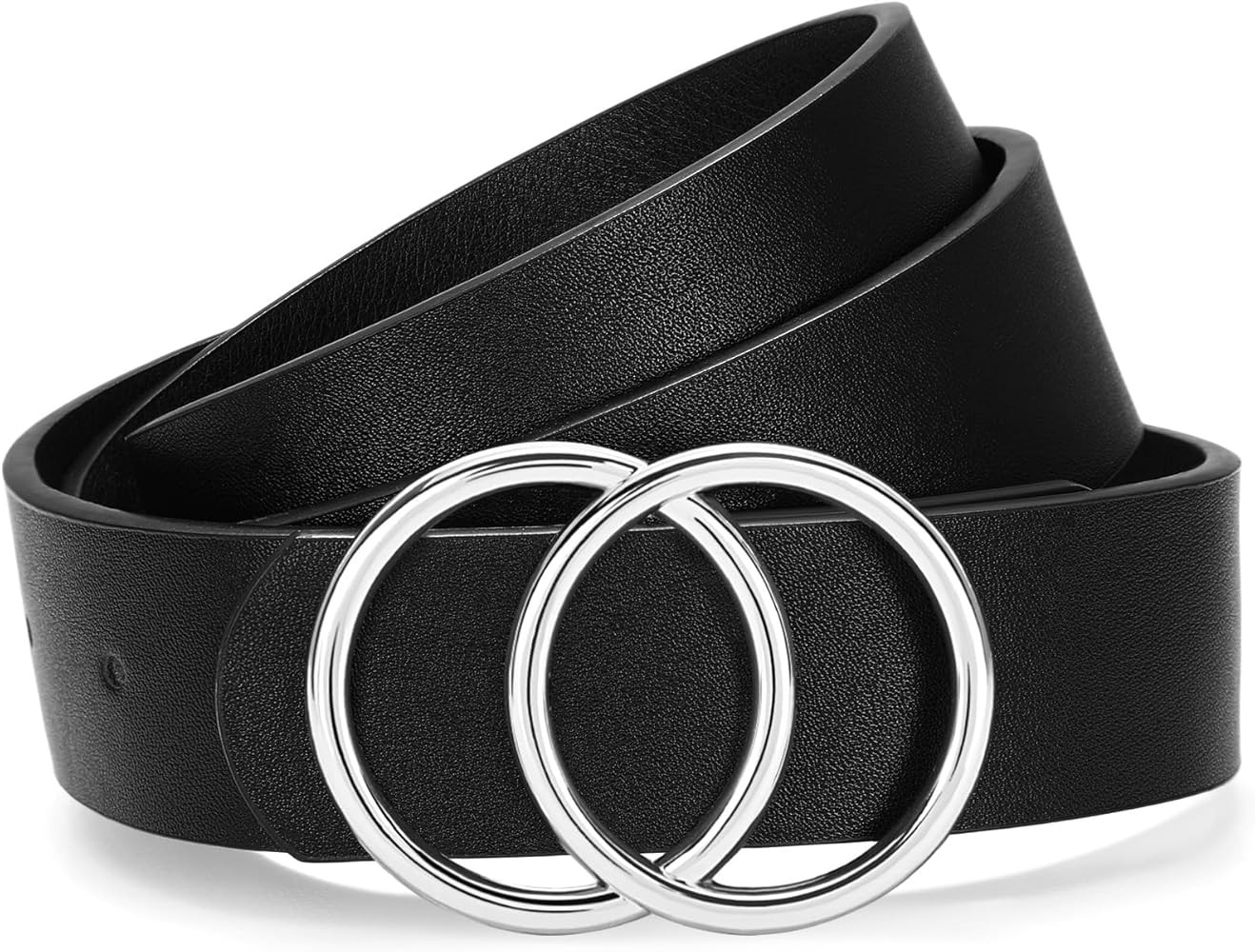 SANSTHS Womens Leather Belt for Jeans Pants Fashion Waist Belts Gold Silver Double Ring Buckle | Amazon (US)
