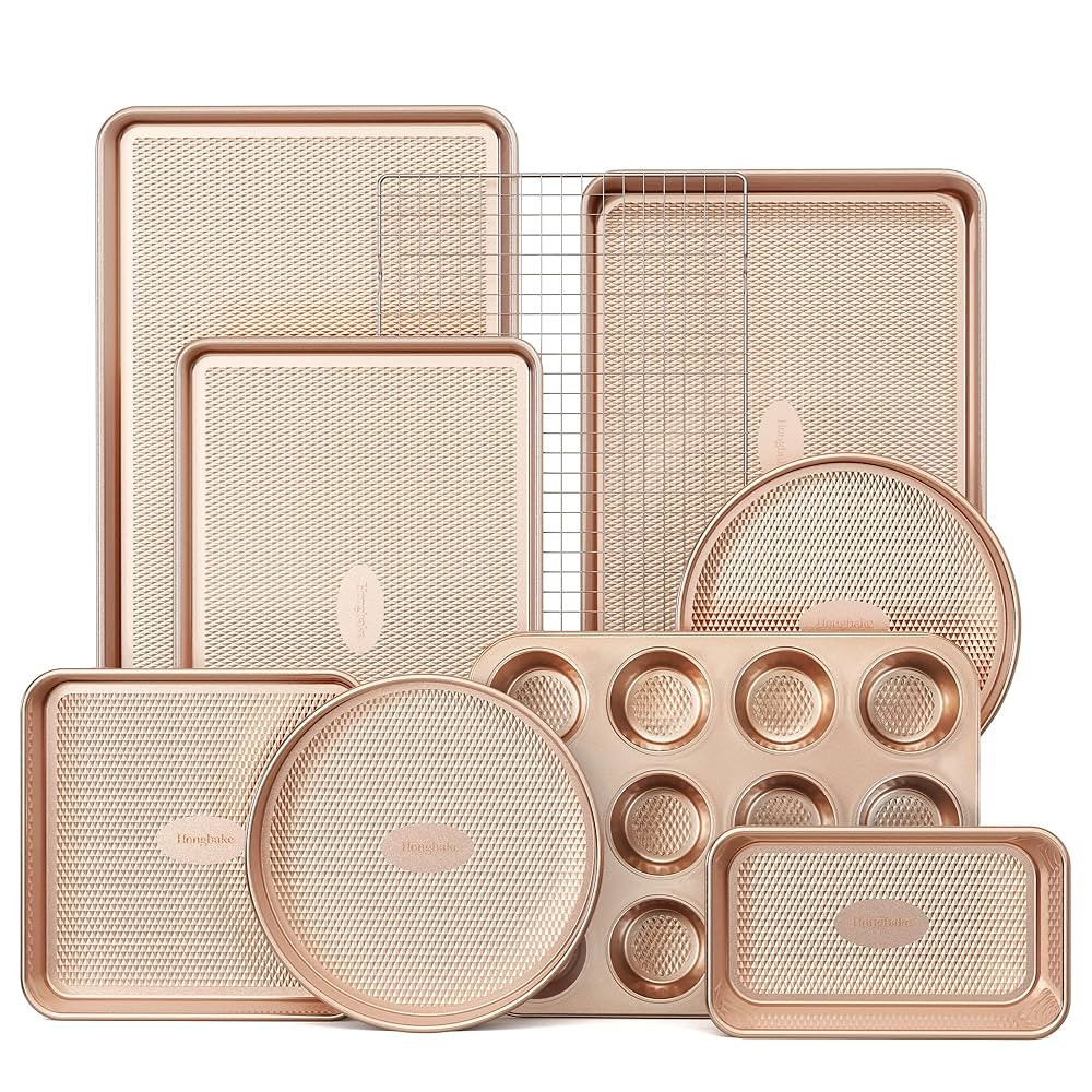 HONGBAKE 9-Piece Baking Pans Set Nonstick, Stackable Non Toxic Bakeware Sets with Diamond Texture... | Amazon (US)