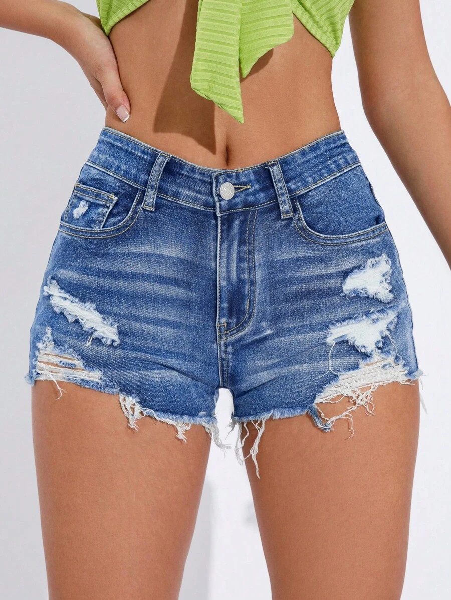 Ripped Raw Hem Denim Shorts | SHEIN