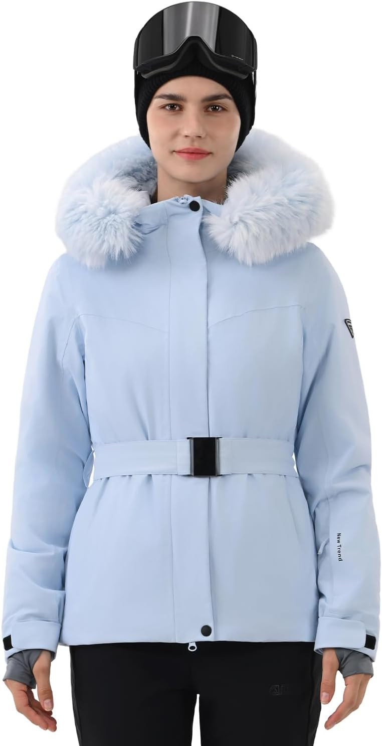 Womens Ski Jacket Fitted Belted Snow Coat with Fur Hood | Amazon (US)