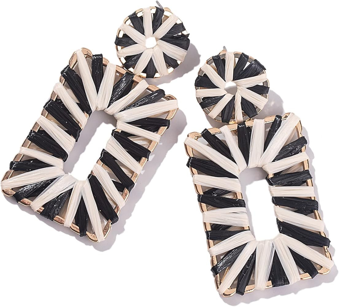 Statement Raffia Earrings Boho Drop Earrings Geometric Dangle Earrings for Women Handmade Straw E... | Amazon (US)