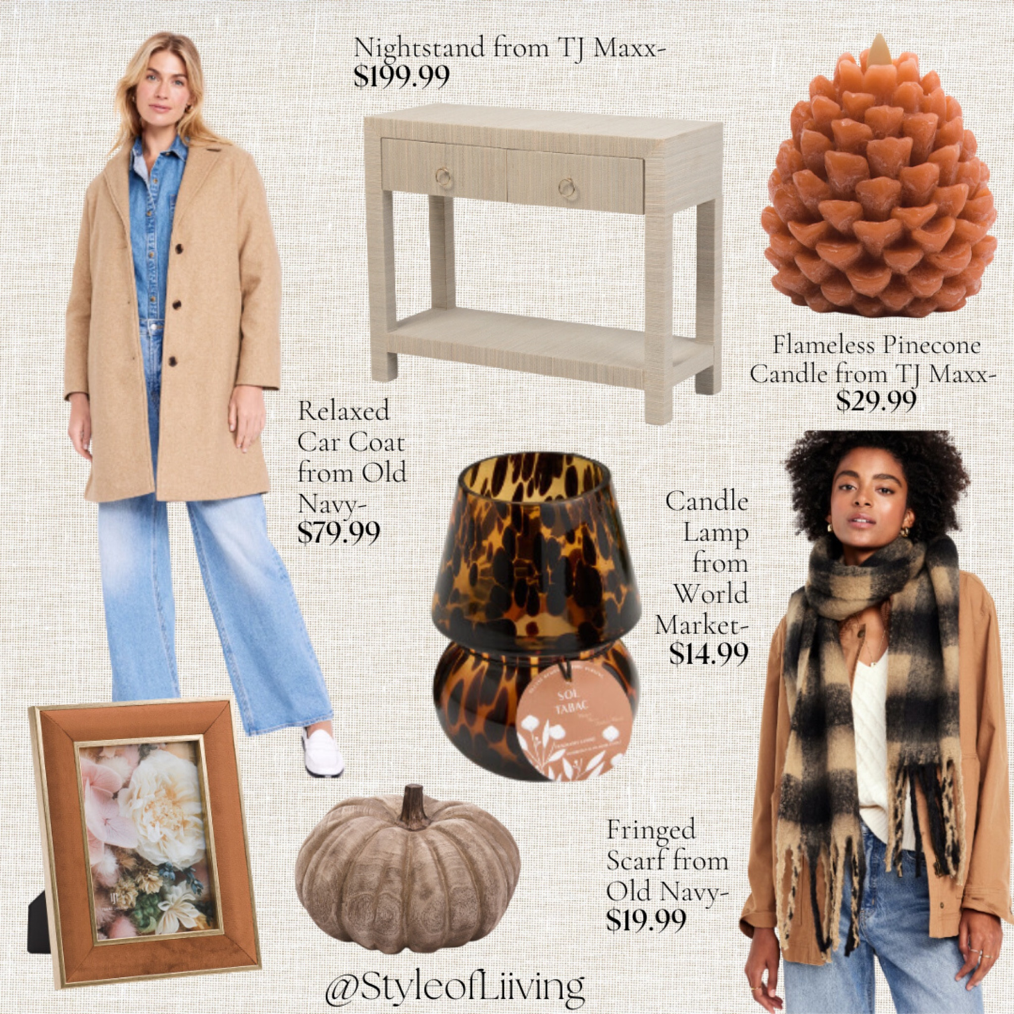 Fall fashion and fall home decor. TJ Maxx, Old Navy fashion, picture frames, pumpkins, World Market candle lamp, nightstand console table, pinecones, scarves, coats.

#LTKStyleTip #LTKSeasonal #LTKHome