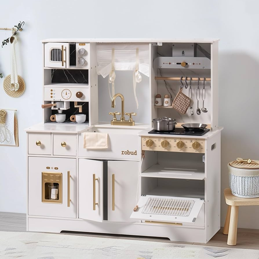 ROBUD Wooden Play Kitchen Set for Kids and Toddlers with Coffee Machine, Ice Maker, Microwave, Ov... | Amazon (US)