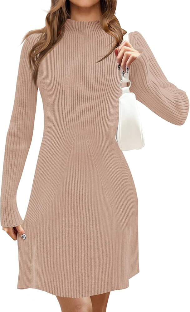MEROKEETY Women's 2024 Fall Long Sleeve Sweater Dress Turtleneck Ribbed Knit Bodycon Short Mini D... | Amazon (US)