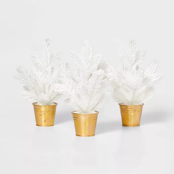 3pk Flocked Christmas Tree Decorative Figurine White with Gold Base - Wondershop™ | Target