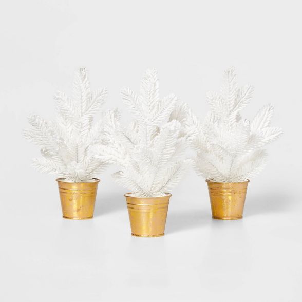 3pk Flocked Christmas Tree Decorative Figurine White with Gold Base - Wondershop™ | Target