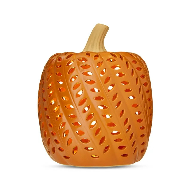 Harvest Pre-Lit Ceramic Orange Pumpkin, 7.5 in, by Way To Celebrate - Walmart.com | Walmart (US)