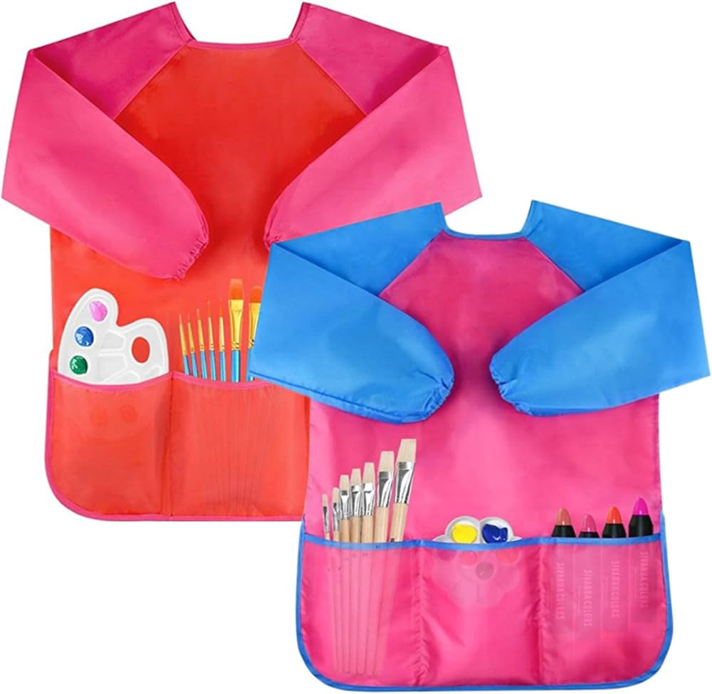 Bassion 2 Pack Kids Art Smocks Toddler Smock Waterproof Artist Painting Aprons Long Sleeve with 3... | Amazon (US)