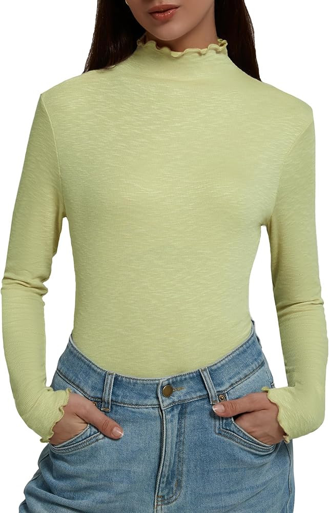 Women's Long Sleeve Shirts Elegant Slim Fit Lettuce Trim Mock Neck Basic Soft Casual Layering Top... | Amazon (US)
