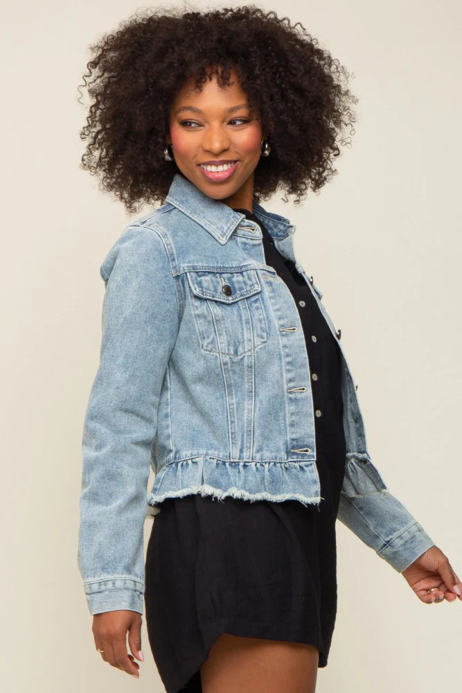 Light Blue Denim Ruffle Trim Jacket | PinkBlush Maternity
