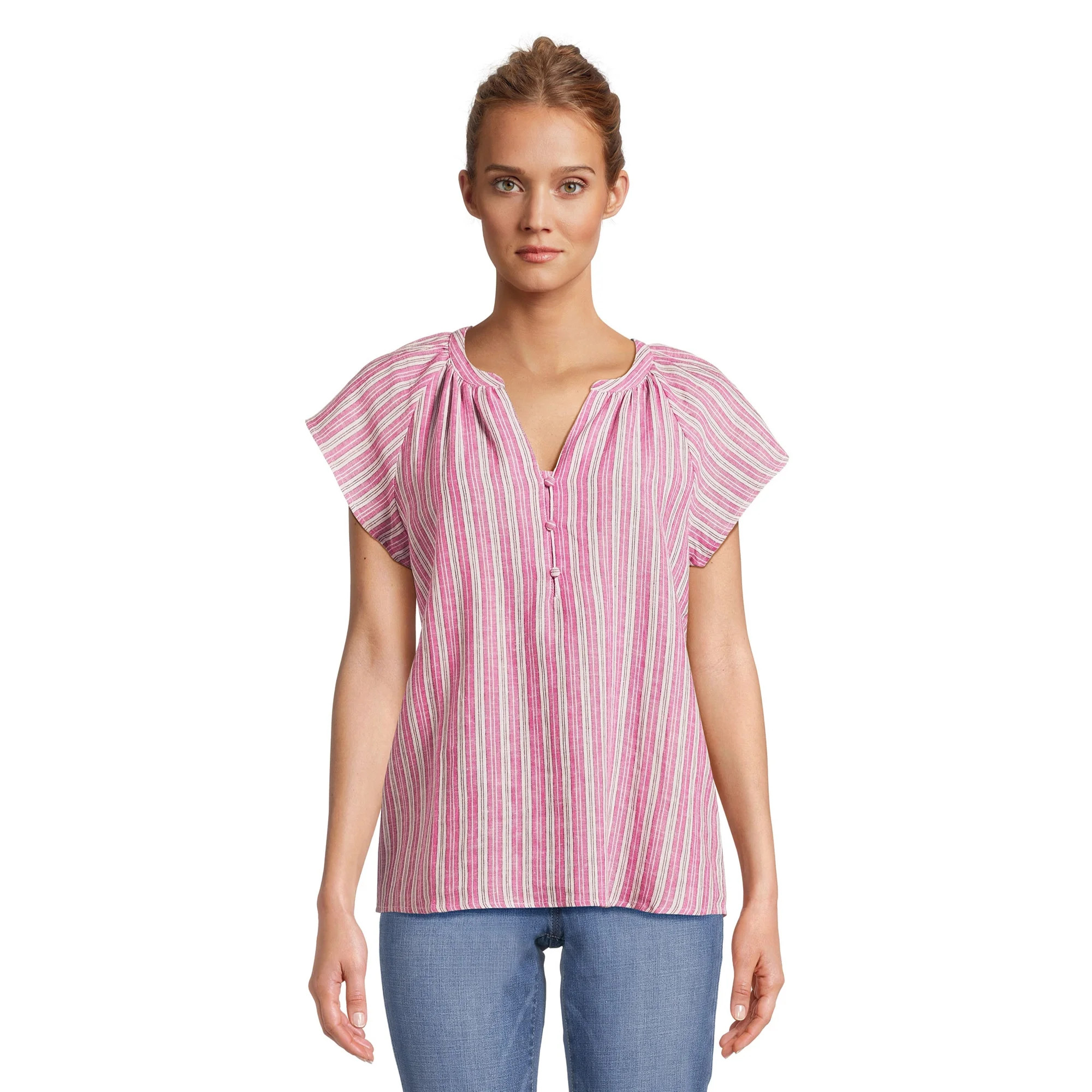 Time and Tru Women's Split Neck Top with Flutter Sleeves, Sizes XS-XXXL | Walmart (US)