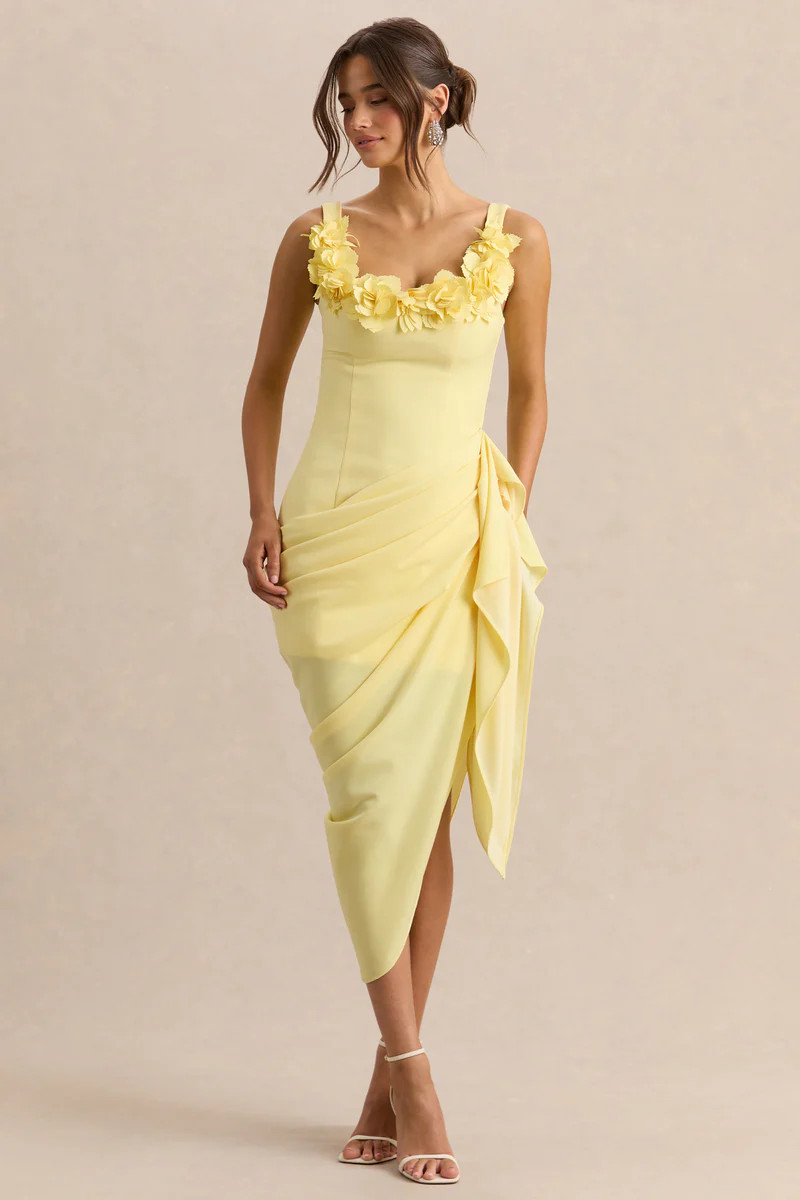 Letitia  Lemon Scoop-Neck Embellished Wrap Midi Dress | Club L London