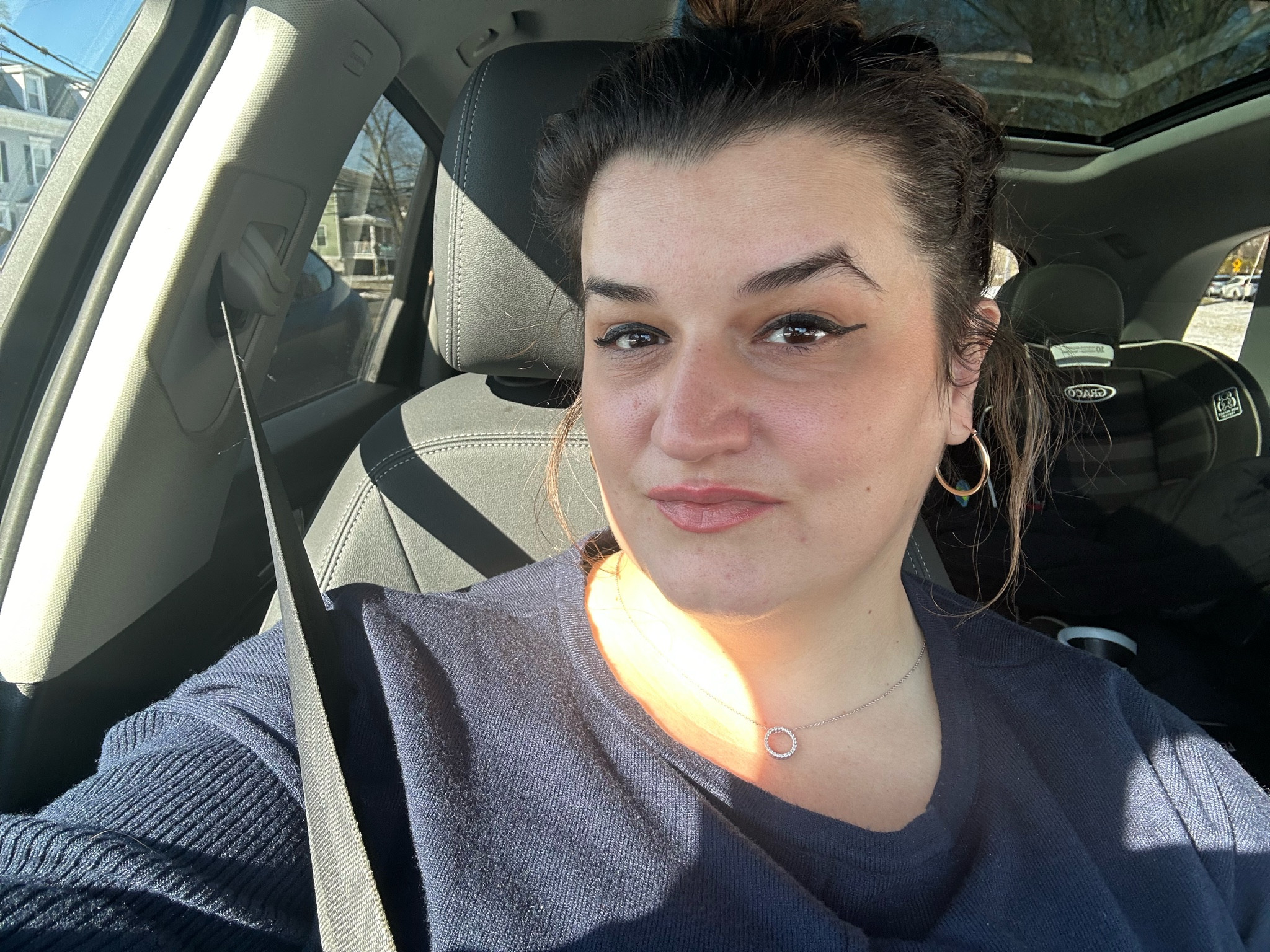 Navy blue sweater, white gold hoop earrings, and everyday make up look. Fall/winter outfit 

#LTKFindsUnder100 #LTKSeasonal #LTKFallSale