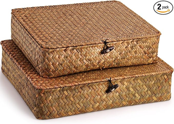 Elsjoy 2 Pack Seagrass Baskets with Lid, Wicker Storage Baskets Flat Rattan Storage Bins, Woven O... | Amazon (US)