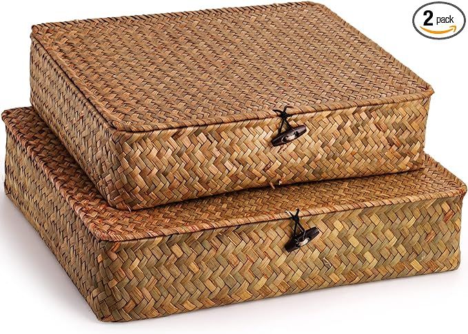 Elsjoy 2 Pack Seagrass Baskets with Lid, Wicker Storage Baskets Flat Rattan Storage Bins, Woven O... | Amazon (US)