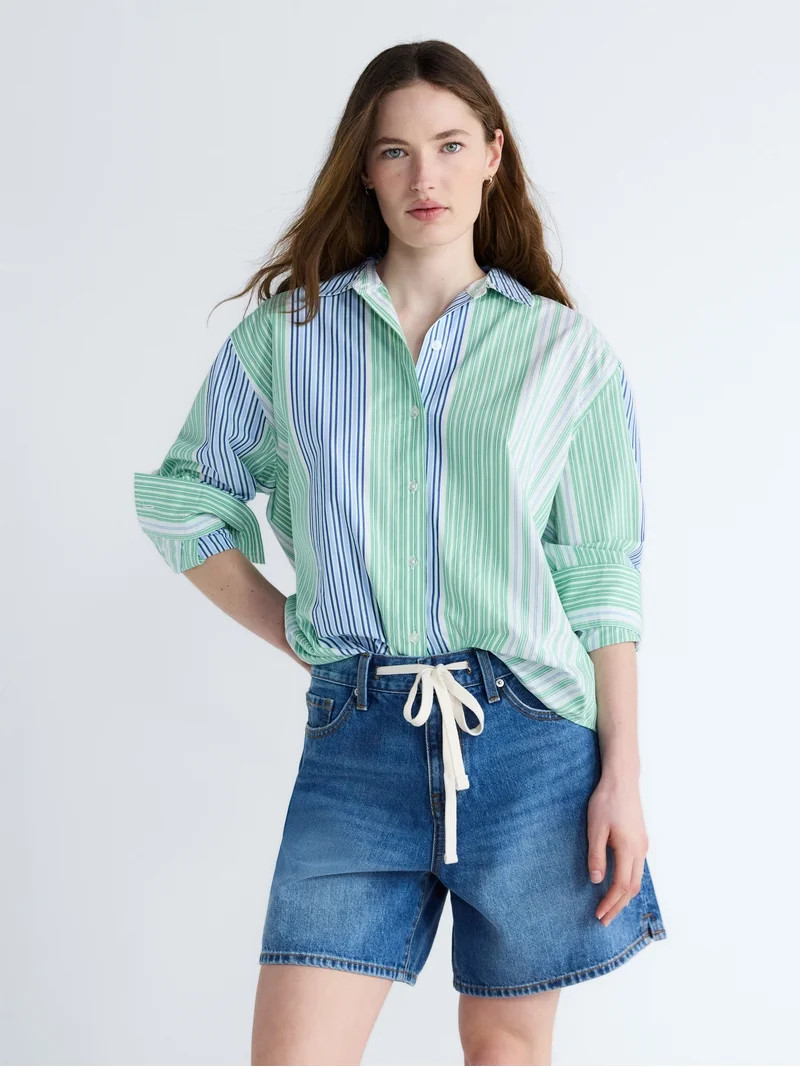 Free Assembly Women's and Women's Plus Relaxed Button Down Cotton Shirt with Long Sleeves, Sizes ... | Walmart (US)