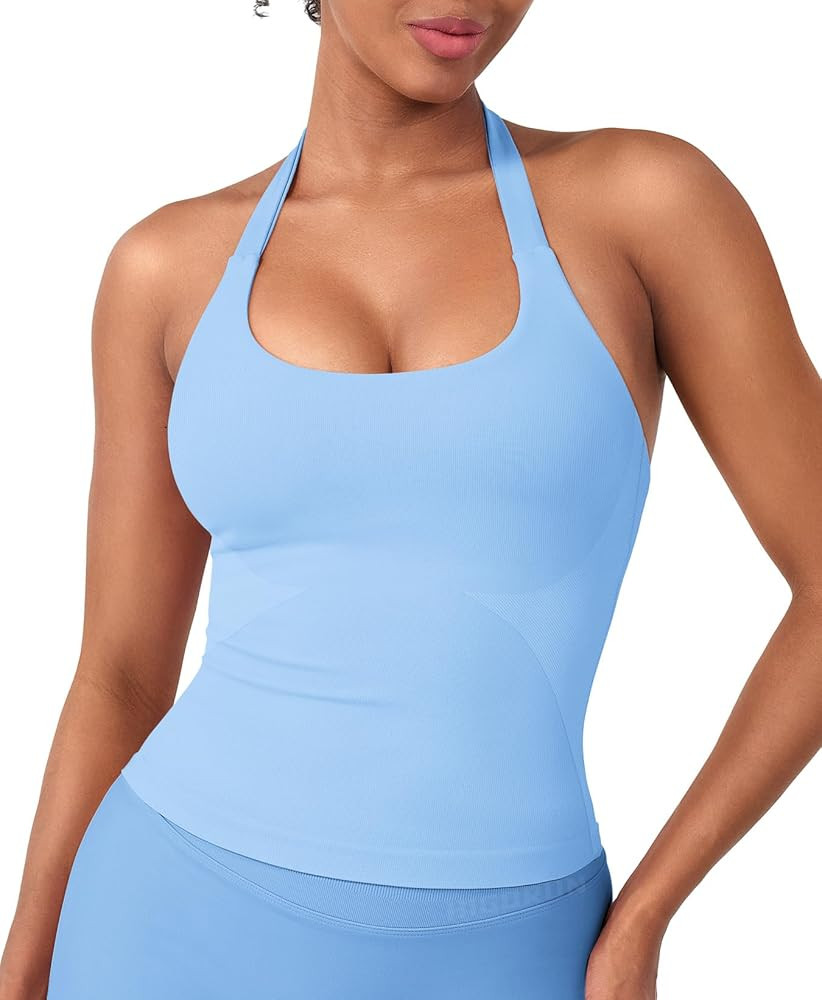 HIGORUN Halter Impact Tank Tops for Women Y2K Workout Longline Crop Tops with Built in Bras Open ... | Amazon (US)