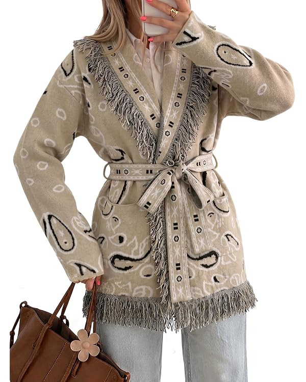 Tankaneo Womens Fringe Cardigan Long Sleeve Paisley Sweaters with Belt | Amazon (US)
