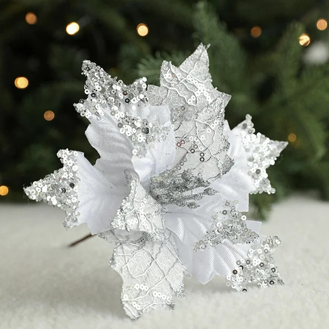 1 Pcs Large Poinsettias Christmas Tree Flower Glitter Silk Flower Picks Ornaments for Wreath Garl... | Walmart (US)