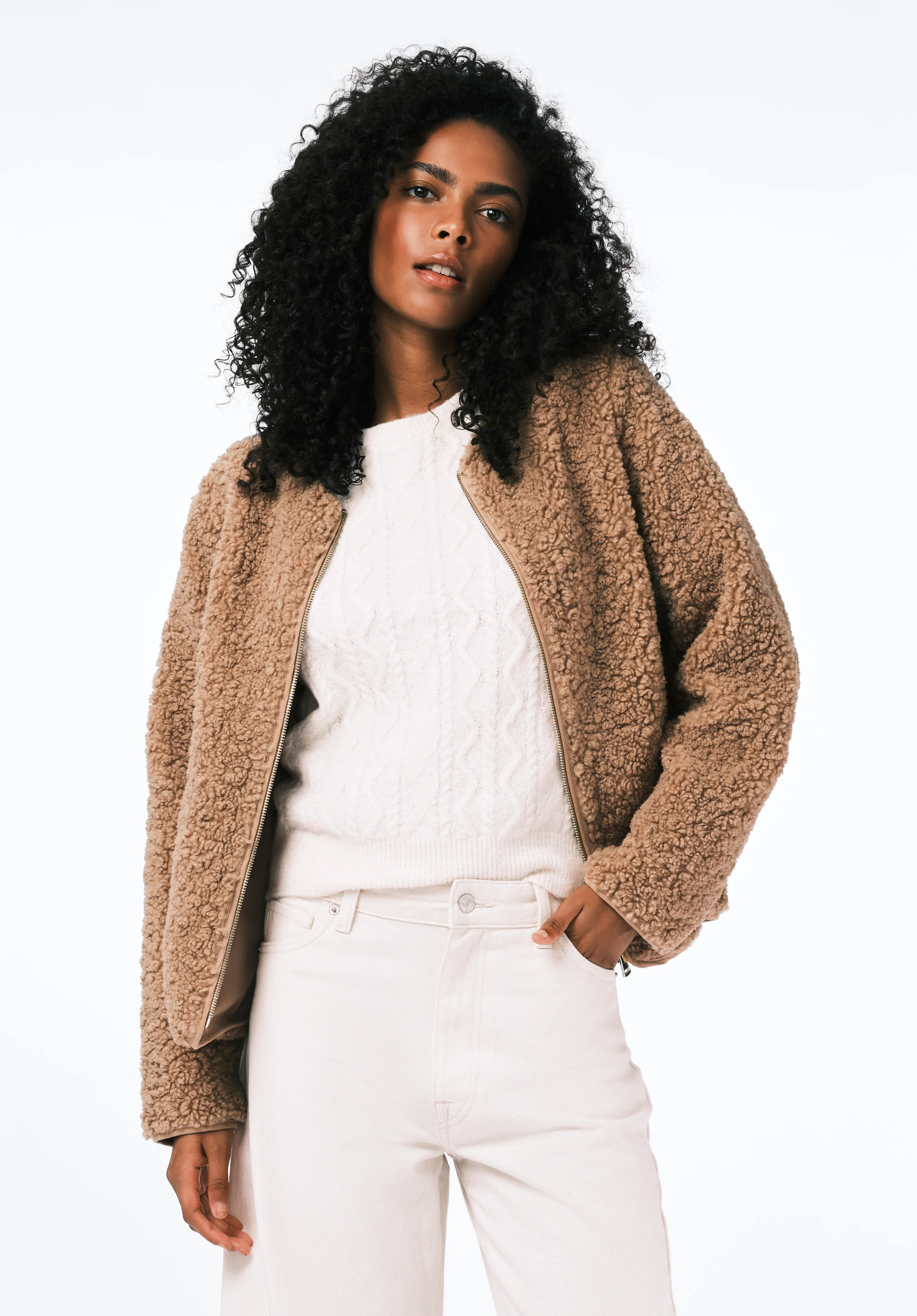 Gwynne Women's Plush Faux-Shearling Teddy Zip Jacket, Biscotti - JK0058 | Buffalo David Bitton