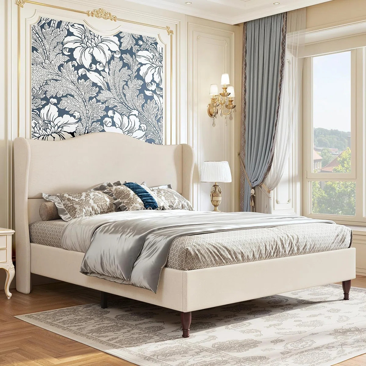 Queen Size Wingback Platform Bed Frame with Tall Headboard-Beige | Wayfair North America