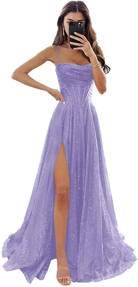 Women's Spaghetti Straps Glitter Tulle Prom Dress with Slit Cowl Neck A-line Long Formal Evening ... | Amazon (US)