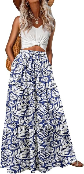 Lepunuo Womens Casual Boho High Waisted Flowy Maxi Skirts Trendy Floral Cute Long Skirts with Poc... | Amazon (US)