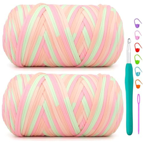 2 Pack Tshirt Yarn for Crochet,Rainbow T Shirt Soft Elastic Fabric Chunky Thick T-Shirt Crochet Yarn for Crocheting Knitting Beginner Hand Knitting Bag/DIY Craft/Home Decor 2 * 400G-Pink Green | Amazon (US)