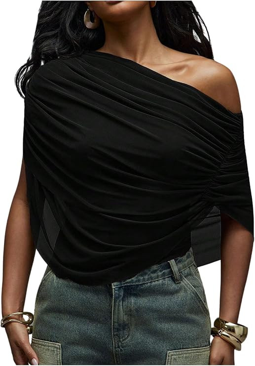 BEAUDRM Women's Y2k Off The Shoulder Poncho Cape Top Summer Short Sleeve Going Out Tops Ruched As... | Amazon (US)