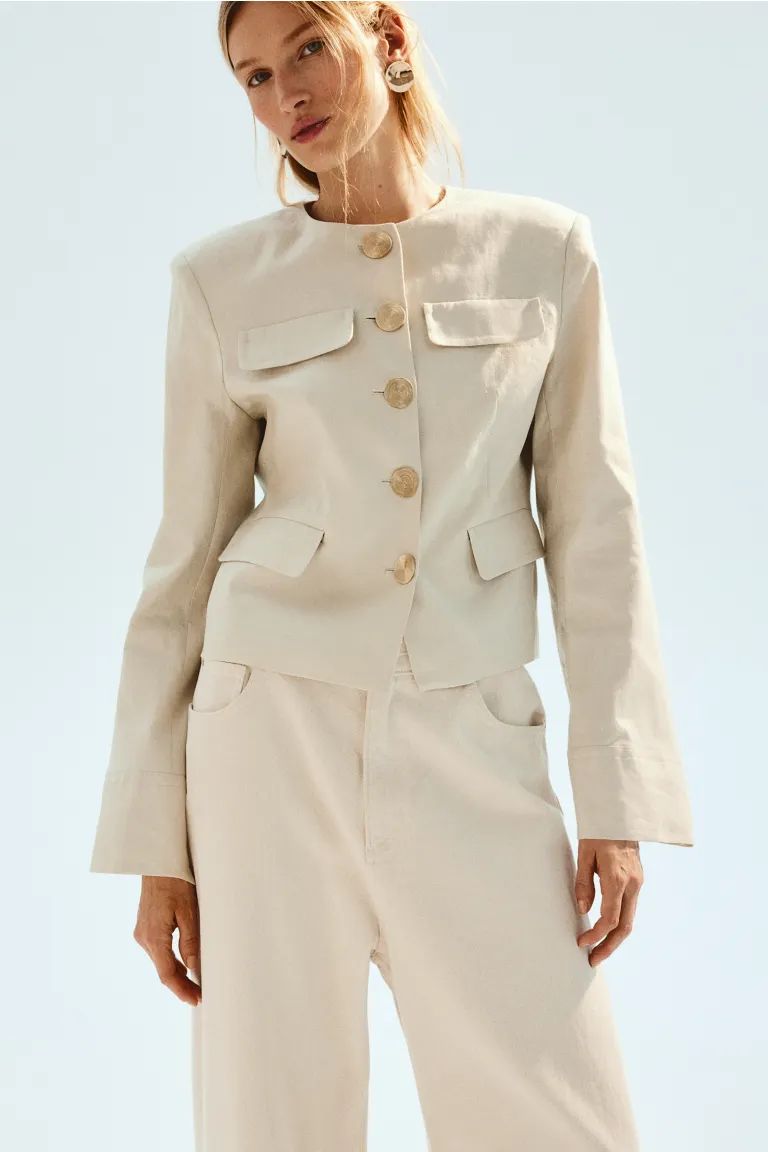Linen Jacket - Round Neck - Long sleeve - Light beige - Ladies | H&M CA | H&M (US + CA)