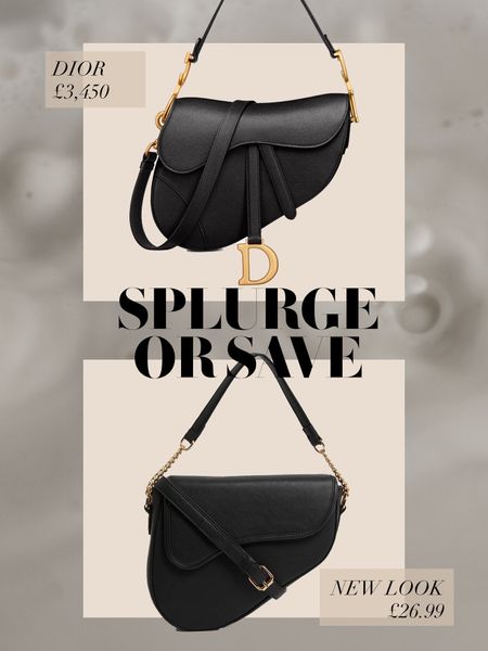 Dior VS New Look - The saddle bag is SUCH a classic icon but if you love the shape and not the hefty price tag, this Public Desire dupe at New Look is ideal 🖤
Splurge vs save | Credit vs debit | Dior saddle bag with gold D strap | Designer handbag dupe | Staple bags | Black and gold 

#LTKfindsunder50 #LTKworkwear #LTKitbag
